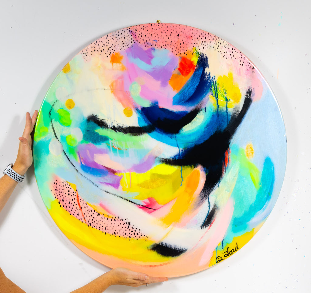 Quietly Fighting 30" Circle, oil painting and resin on wood