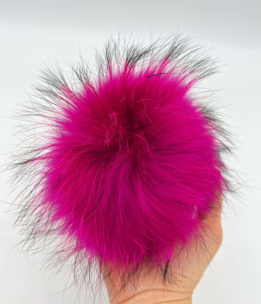 Fuchsia and black authentic fur pompom for beanies