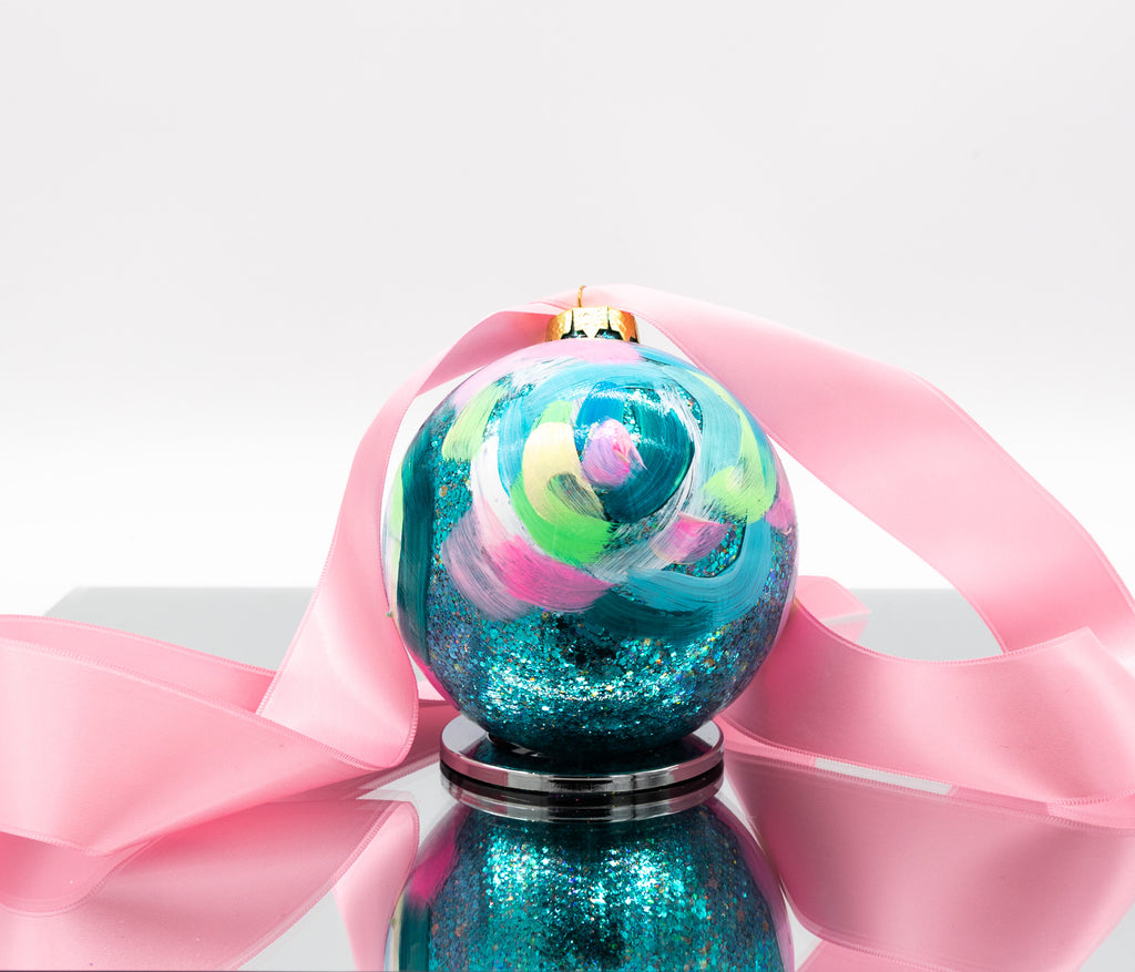 #37 Large Hand Painted Sparkly Glass Ball Ornament