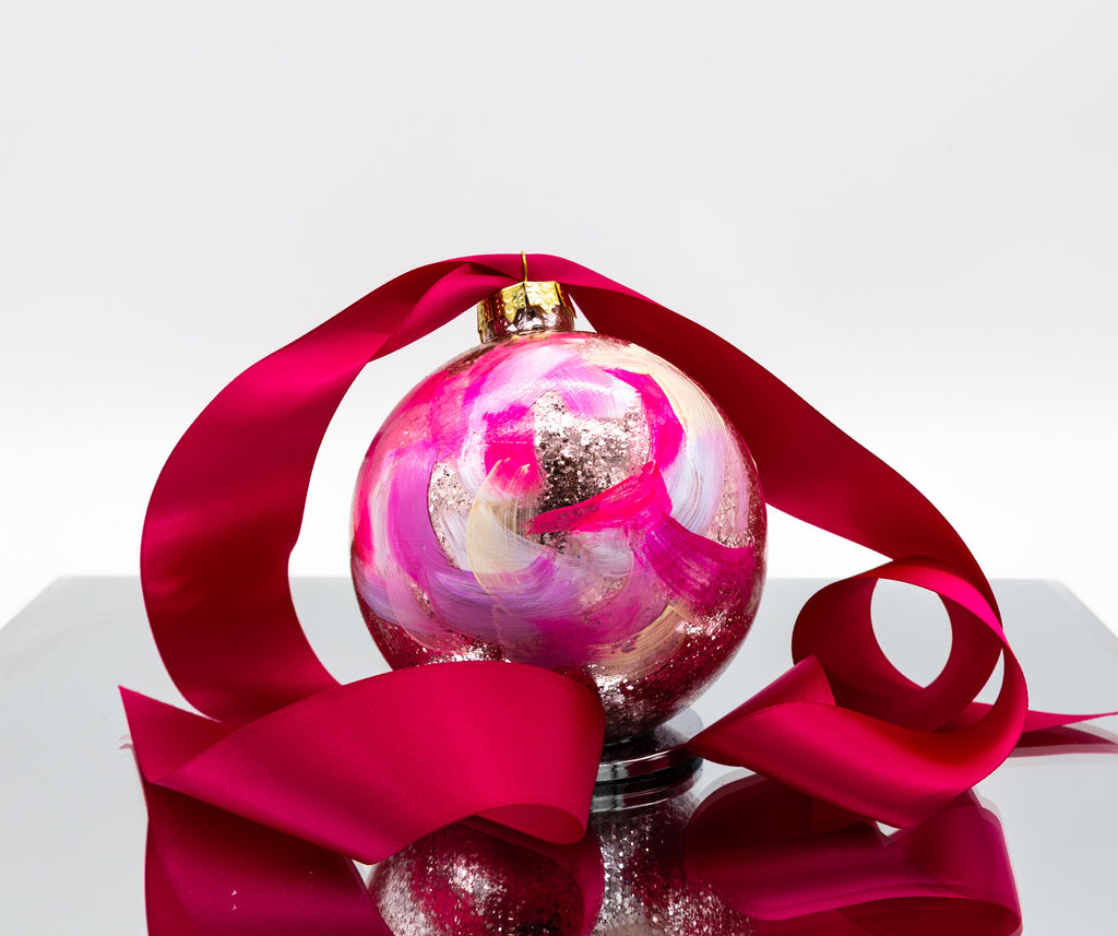 #58 Large Hand Painted Sparkly Glass Ball Ornament