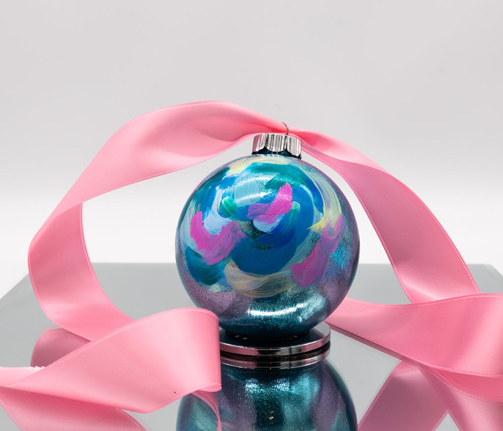 #59 Large Hand Painted Sparkly Glass Ball Ornament