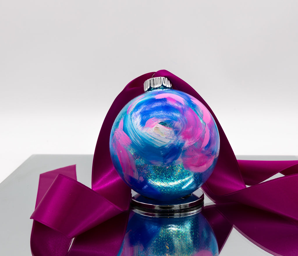 #62 Large Hand Painted Sparkly Glass Ball Ornament