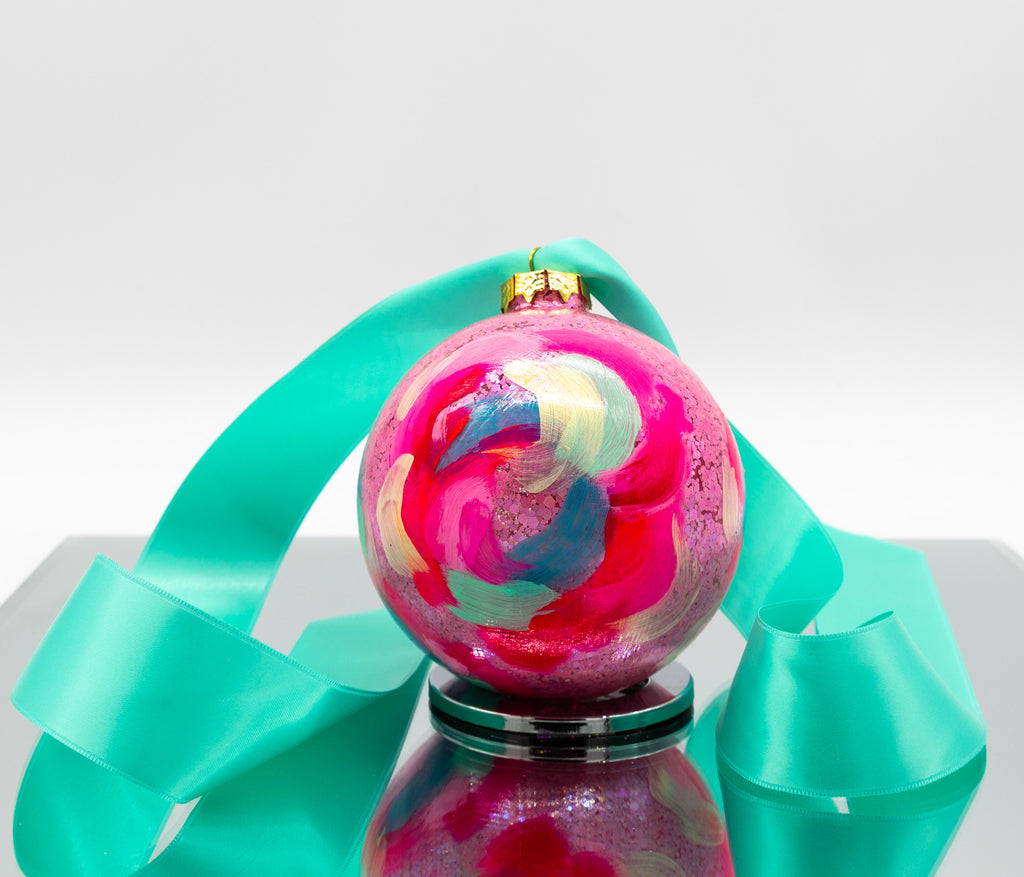 #63 Large Hand Painted Sparkly Glass Ball Ornament