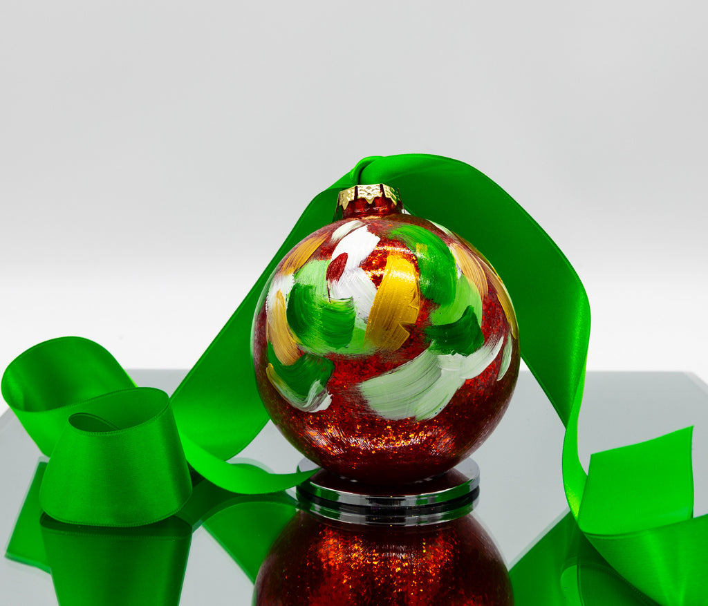 #64 Large Hand Painted Sparkly Glass Ball Ornament
