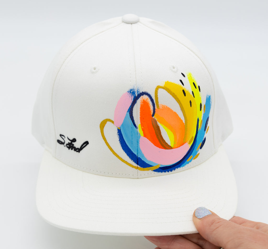 Harmony, Abstract Hand Painted White Organic Hat