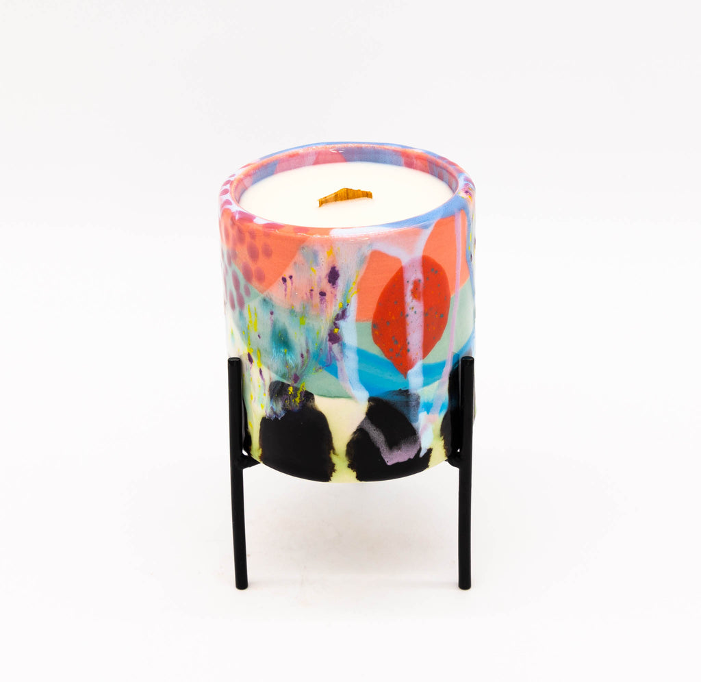 #57 Sparkling Grapefruit Candle in hand painted small ceramic planter with stand
