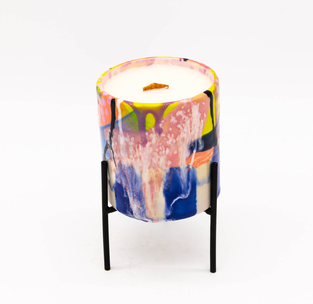 #58 Sparkling Grapefruit Candle in hand painted small ceramic planter with stand