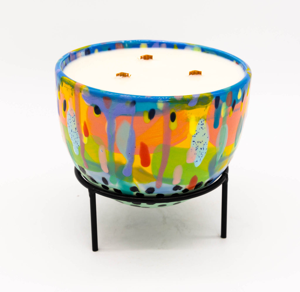 #88 Relax, 3 Wick Candle in hand painted round ceramic planter with stand