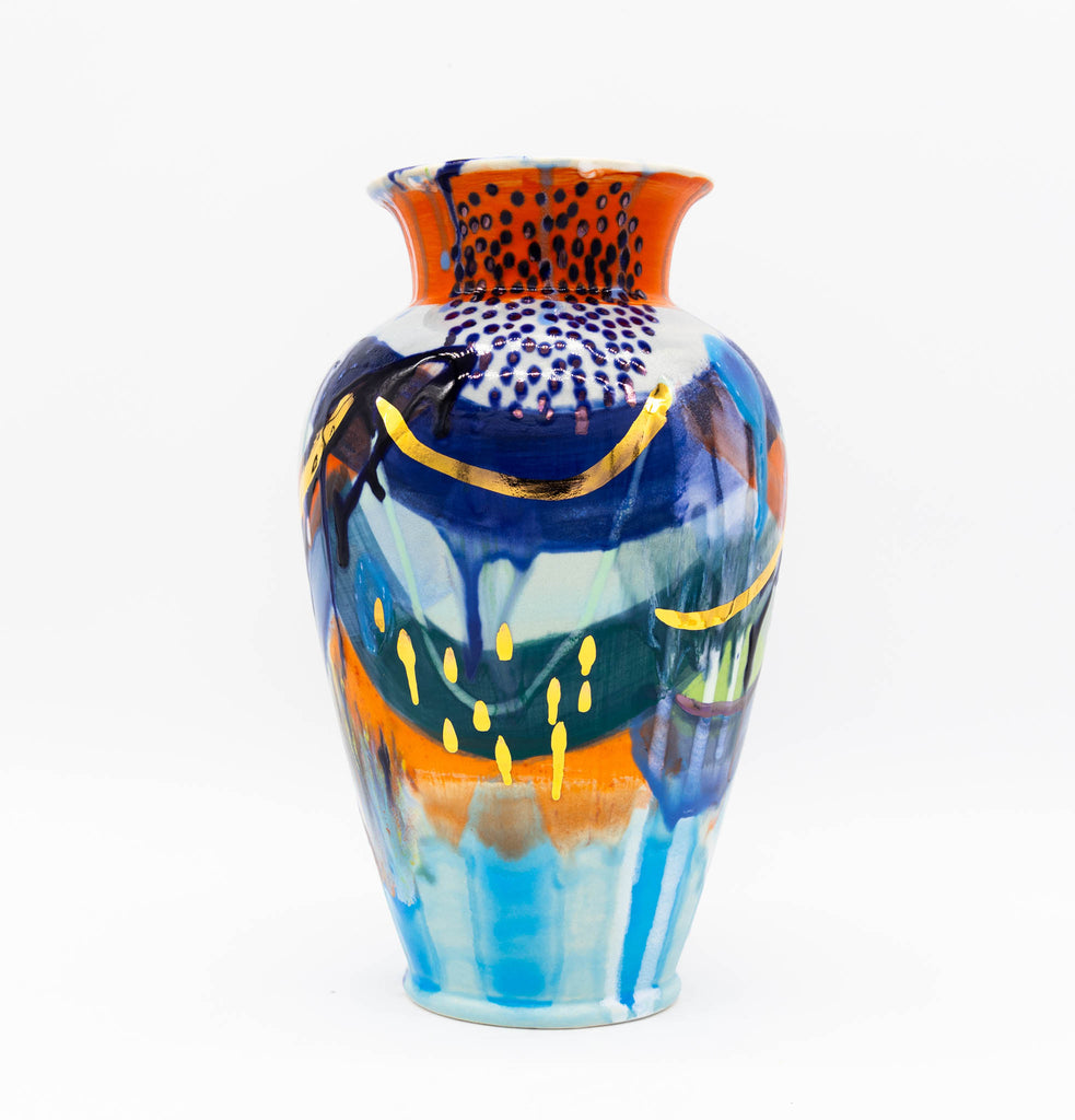 #187 Large Hand Painted Ceramic Vase with Premium Gold Luster