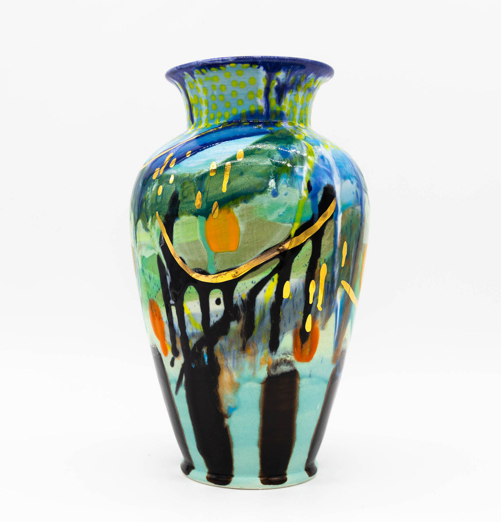#189 Large Hand Painted Ceramic Vase with Premium Gold Luster