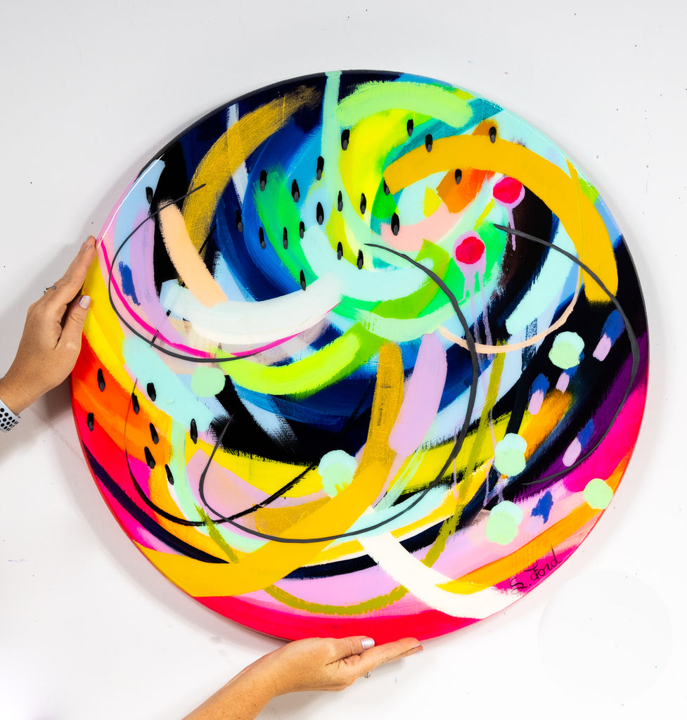 Speak Life, 24" Circle, oil painting and resin on wood