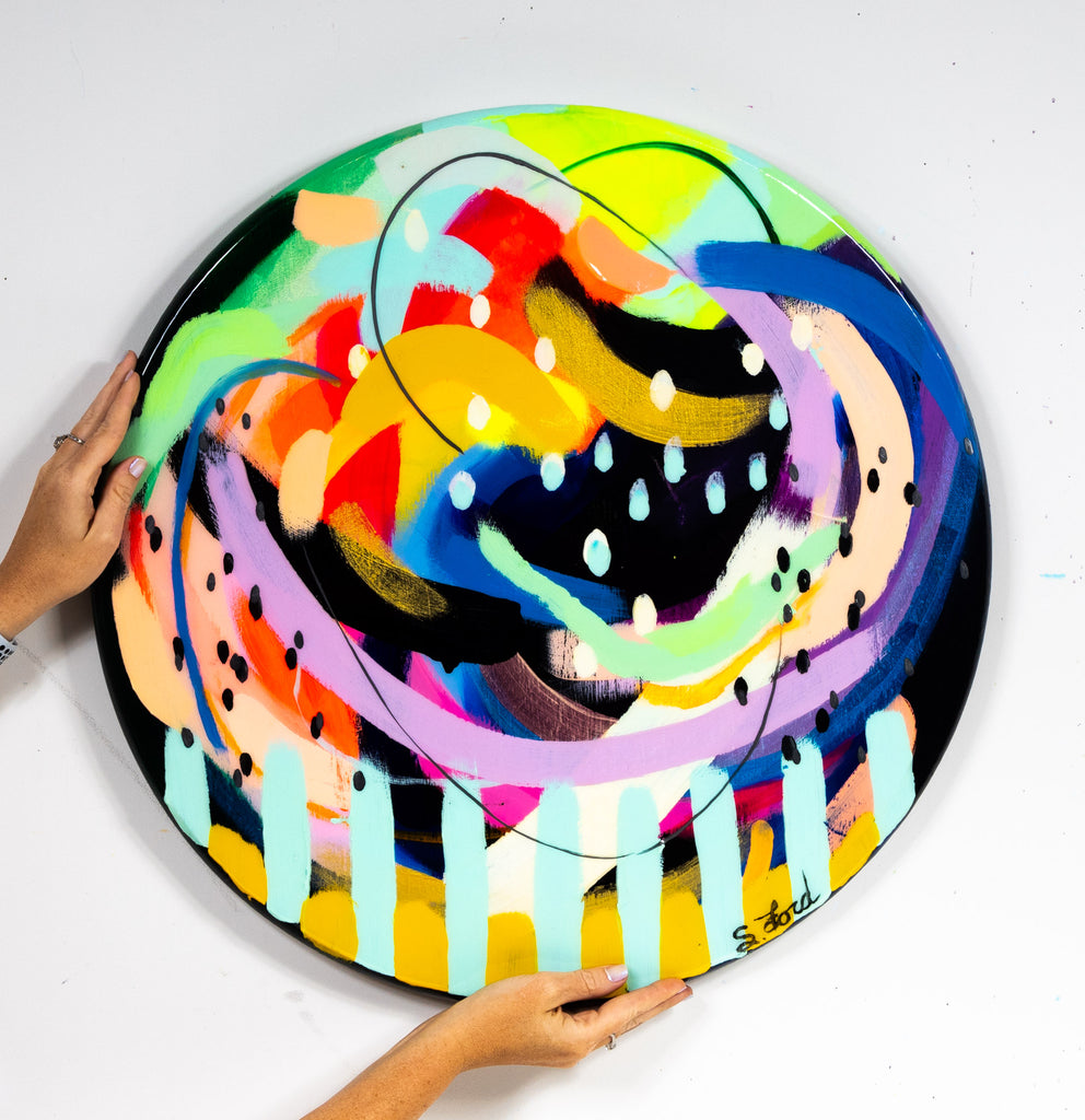 Promised, 24" Circle, oil painting and resin on wood