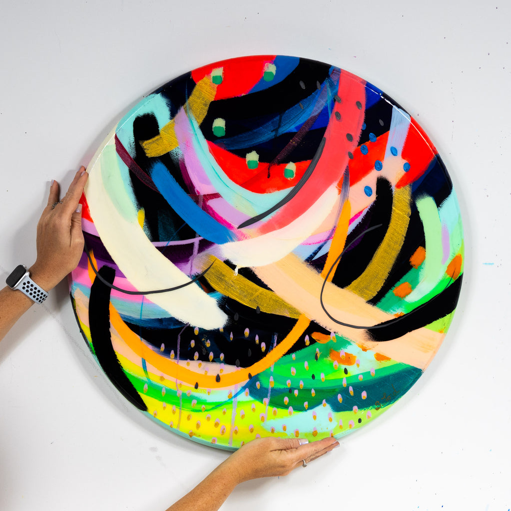 Walking Free, 24" Circle, oil painting and resin on wood
