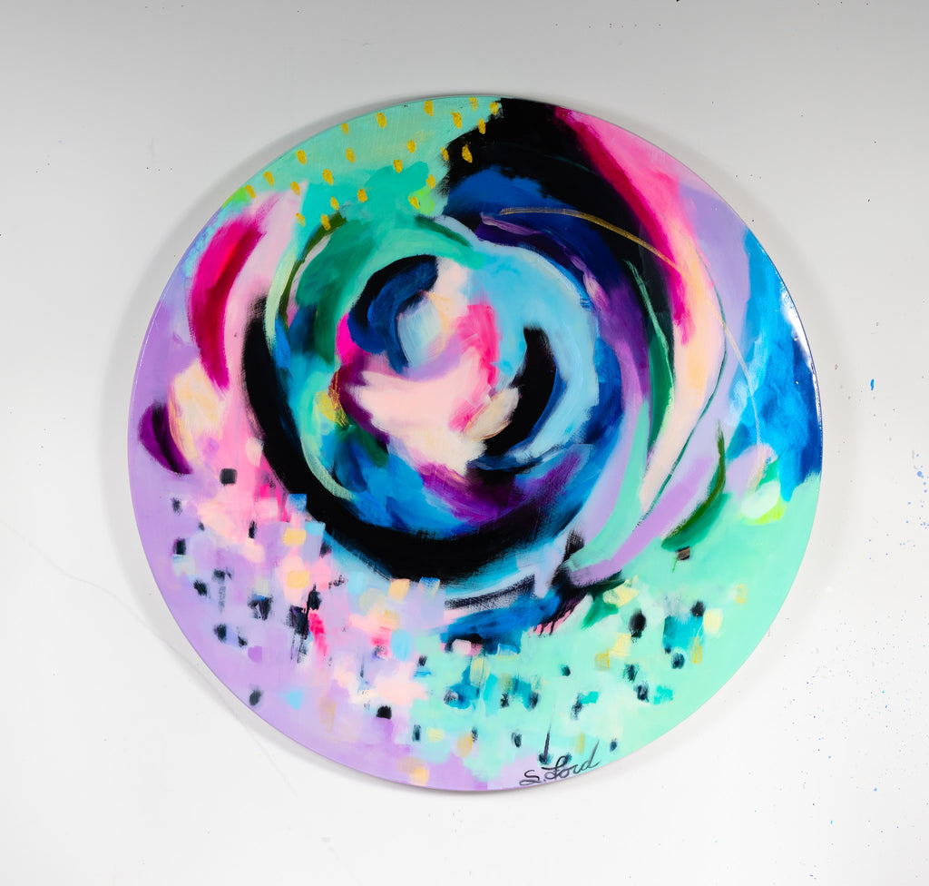 Island Life 36" Circle, oil painting and resin on wood