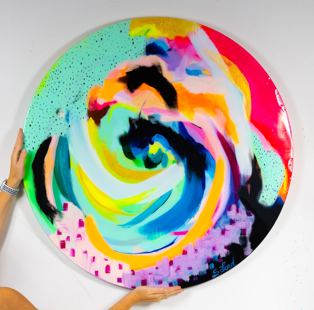 Letting Go, 36" Circle, oil painting and resin on wood