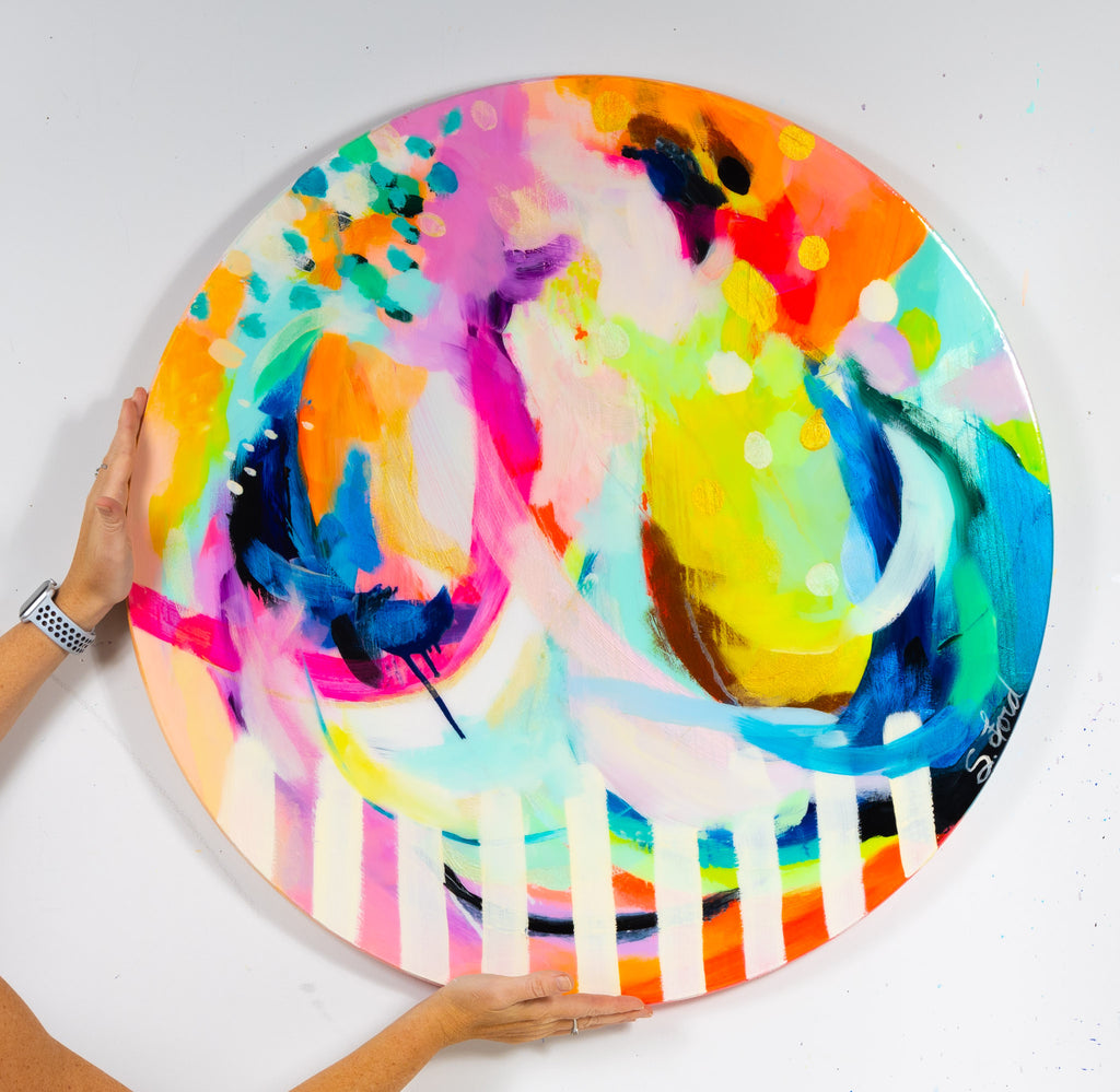 Dreams Change 30" Circle, oil painting and resin on wood
