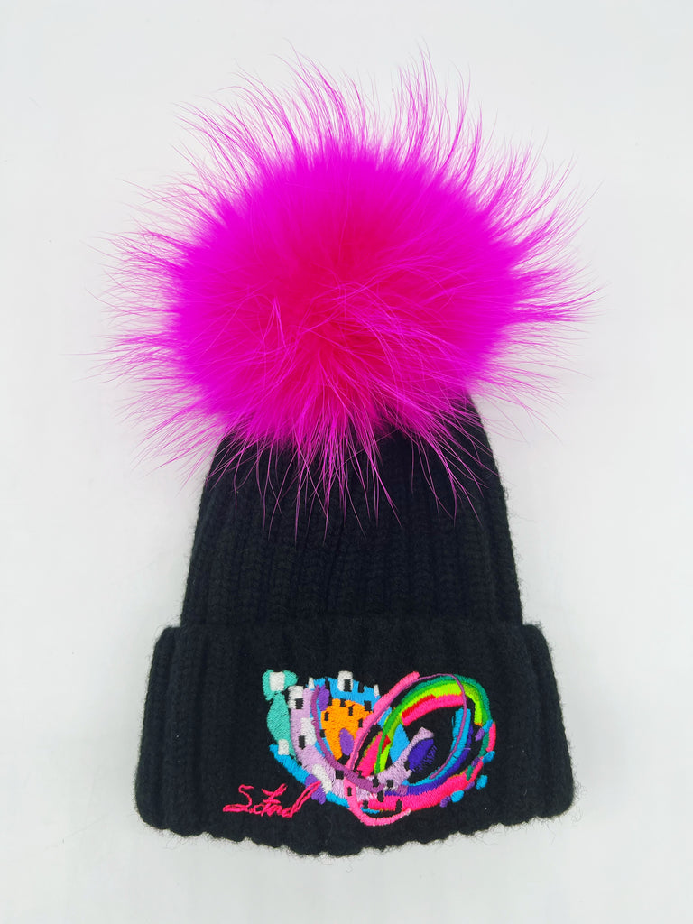 SPECIAL LAUNCH- Suze Ford Embroidered designer Cashmere Beanie and Pom Pom