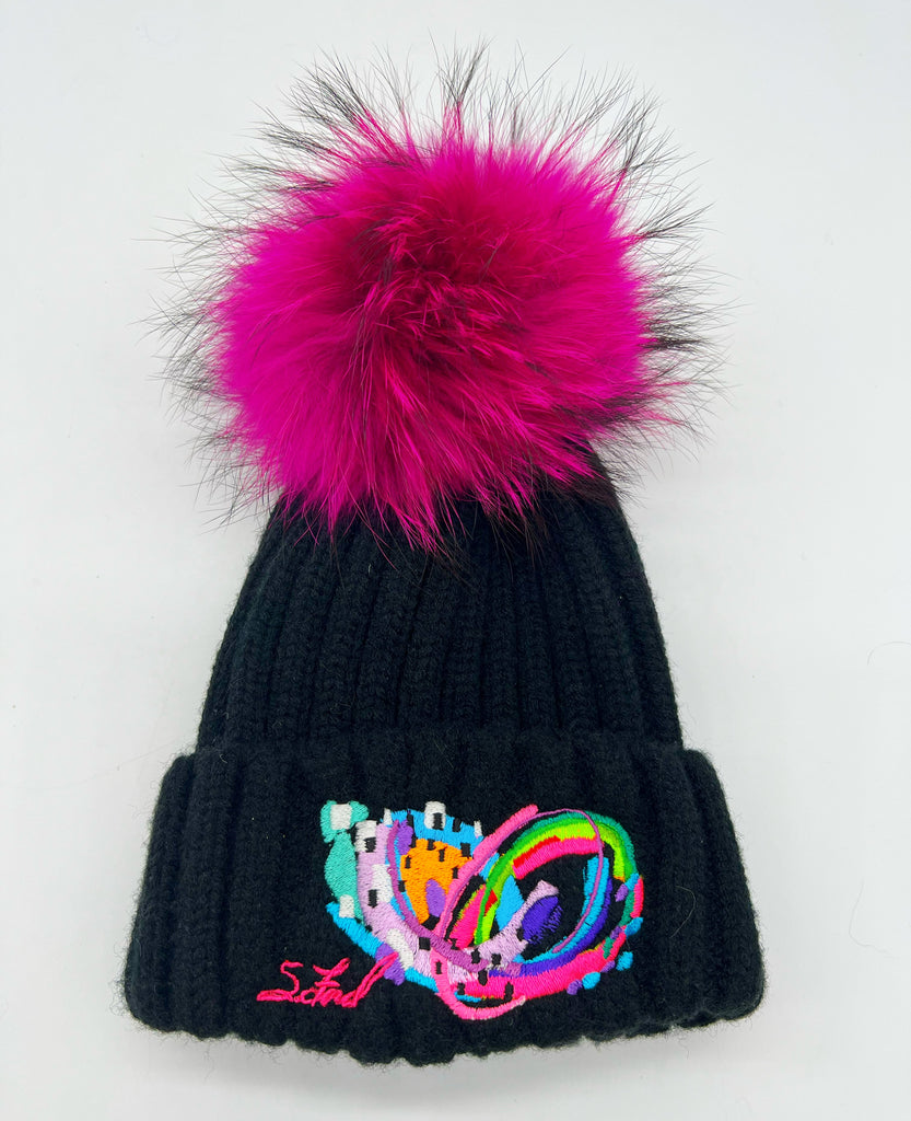 Fuchsia Fur Pom Pom Beanie Pink Chunky Beanie With Faux Fur Pompom, Fuchsia Knit Hat  main image 4