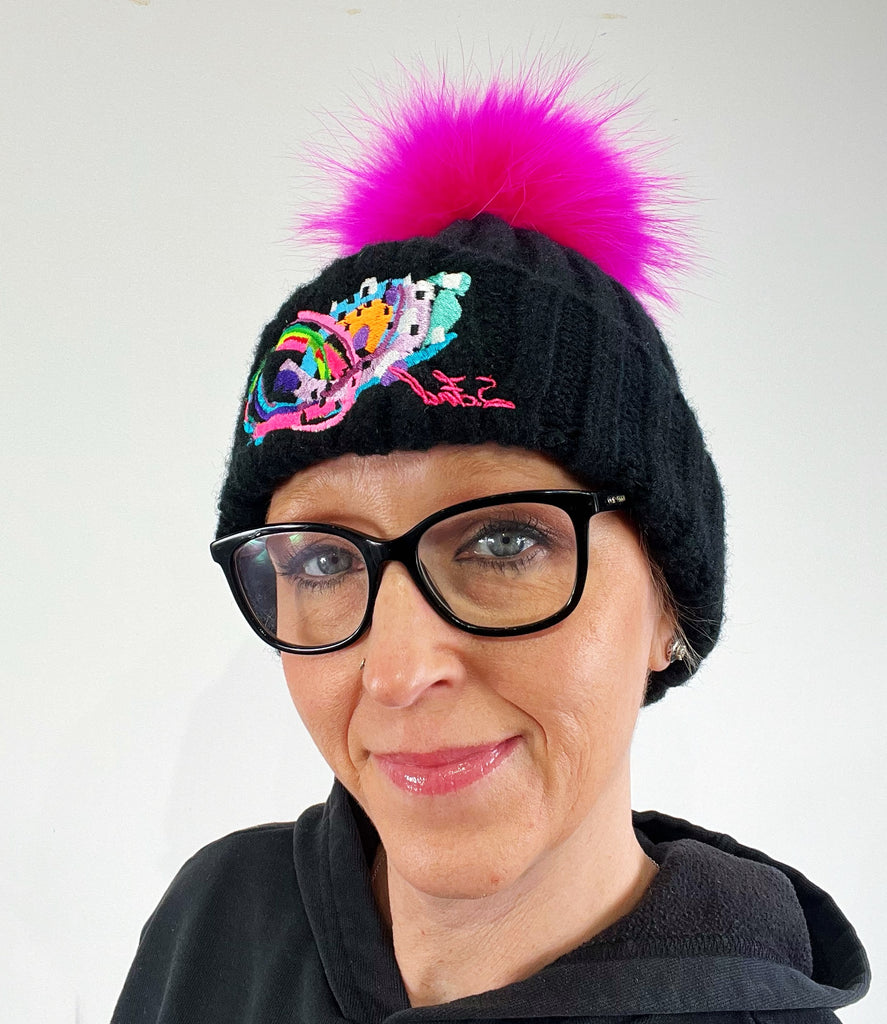 Suze Ford Embroidered designer Cashmere Beanie and Pom Pom – Suze